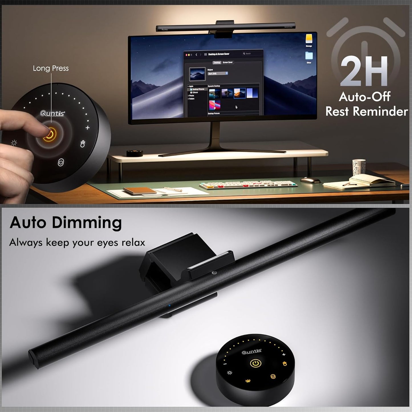 Quntis Monitor Light Bar with Remote, 16.7'' Eye Care No Glare Computer Light Bar with Backlight, Auto-Dimming & Timer, Stepless Dimming Monitor Lamp for Desk Gaming Home Office Curved Monitors