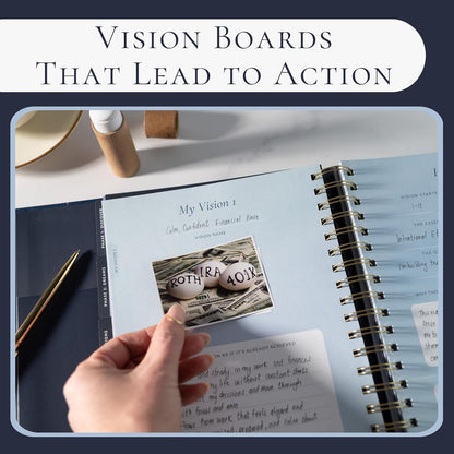 Vision Board Kit & Guided Manifestation Journal | Goal Planner & Habit Tracker, Self Care & Reflection Tools | Undated Vegan Leather Hardcover | Visions in Motion Portable Vision Board