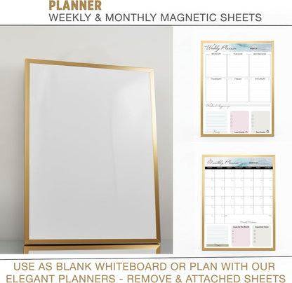 Magnetic Dry Erase Board 12x16 with Foldable Stand, Portable Gold Desktop Whiteboard for Home, Office, School & Kitchen, Includes Weekly & Monthly Magnetic Planner Sheets