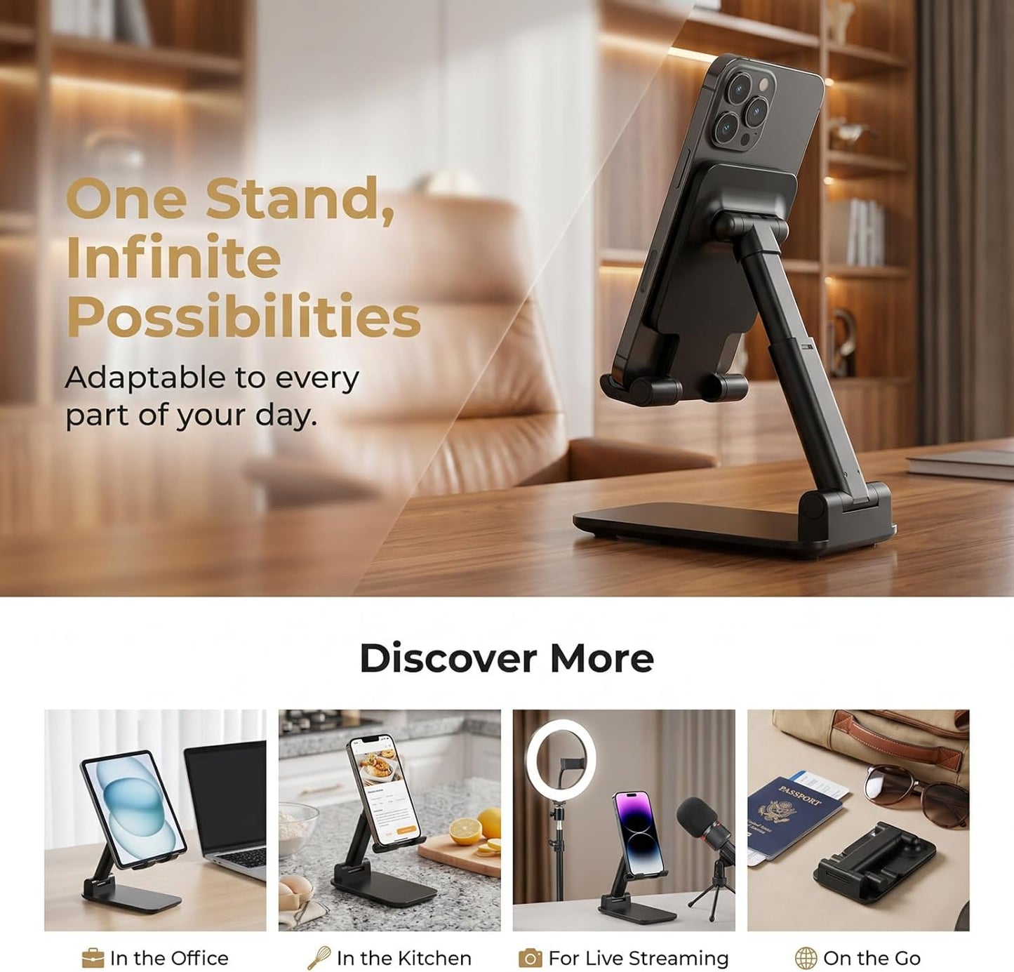 Phone Stand, PhoneHolder for Desk Anti-Slip Cute OfficeAccessories Forldable Cell PhoneHolder Compatible with iPhones, AllMobile Phones, White-Silver, Pro