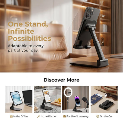 Phone Stand, PhoneHolder for Desk Anti-Slip Cute OfficeAccessories Forldable Cell PhoneHolder Compatible with iPhones, AllMobile Phones, White-Silver, Pro