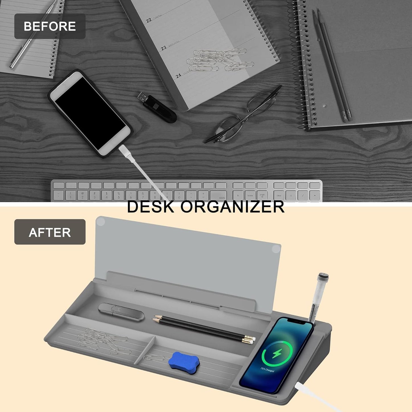 SELEAD Desktop Glass Whiteboard with Wireless Charger Station, Dry Erase Board Computer Pad Keyboard Stand with Organizer for Home, School, Office Desk Accessories, Black