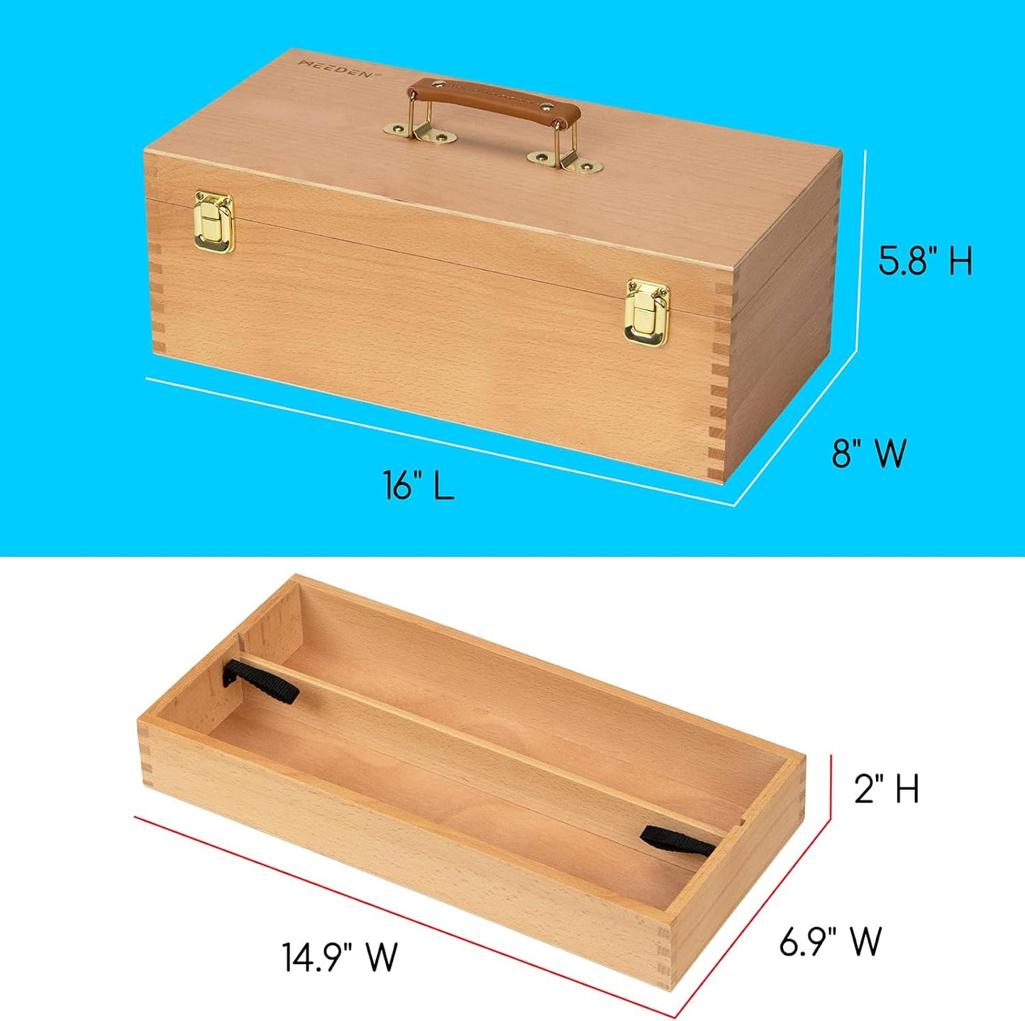 MEEDEN Medium Art Supply Storage Box - Multi-Function Solid Beech Wooden Chest/Art Tool Box with Lift Out Trays for Paint Brush, Pencil, Pastel, and More Art Supplies 14-1/5"W × 5-1/8"D × 4-1/3"H