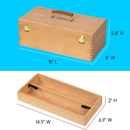 MEEDEN Medium Art Supply Storage Box - Multi-Function Solid Beech Wooden Chest/Art Tool Box with Lift Out Trays for Paint Brush, Pencil, Pastel, and More Art Supplies 14-1/5"W × 5-1/8"D × 4-1/3"H
