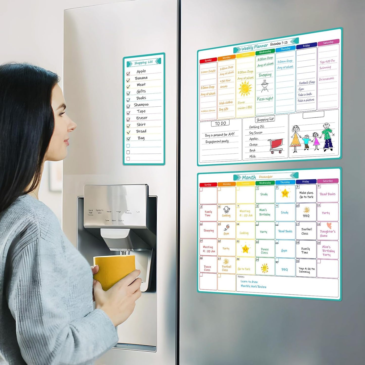 MaxGear Weekly Dry Erase Board for Fridge, 16"x12" Magnetic Calendar Whiteboard Planner for Refrigerator with Stain Resistant Technology, Include 7 Fine Point Markers and 1 Eraser
