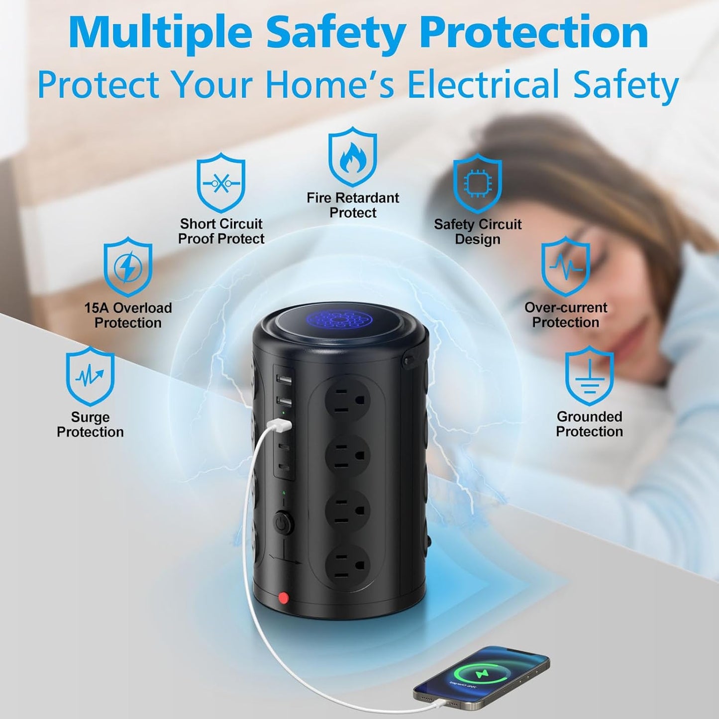 Tower Power Strip Surge Protector with 16 Outlets and 5 USB Ports (2 USB-C), 6FT Extension Cord with Multiple Outlets,Heavy Duty Charging Station,Home Office Dorm Room Essentials. No Wireless Charging