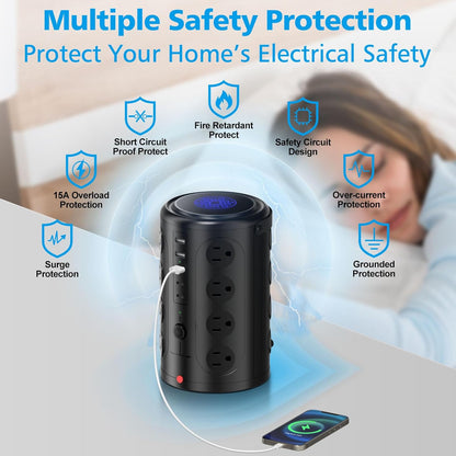Tower Power Strip Surge Protector with 16 Outlets and 5 USB Ports (2 USB-C), 6FT Extension Cord with Multiple Outlets,Heavy Duty Charging Station,Home Office Dorm Room Essentials. No Wireless Charging