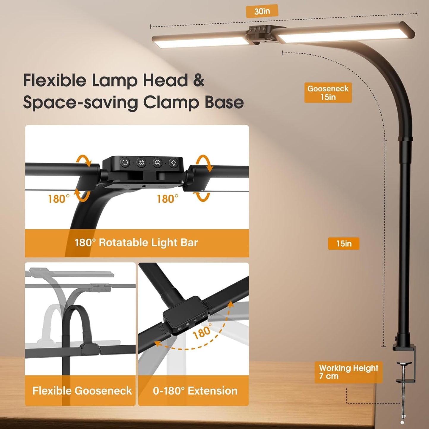SIBRILLE LED Desk Lamp for Home Office - Dimmable Computer Desk Light with Clamp, Modern Architect Task Lamp with Color Changing, Flexible Desktop Lamp with Gooseneck for Monitor, Double Head, White