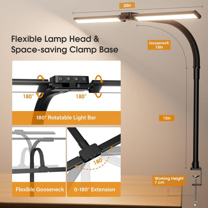 SIBRILLE LED Desk Lamp for Home Office - Dimmable Computer Desk Light with Clamp, Modern Architect Task Lamp with Color Changing, Flexible Desktop Lamp with Gooseneck for Monitor, Double Head, White