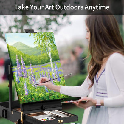 Falling in Art Light Weight French Style Field and Sketchebox Easel with Aluminum Tripod, Adjustable Beechwood Tripod Standing Easel with Drawer, Palette