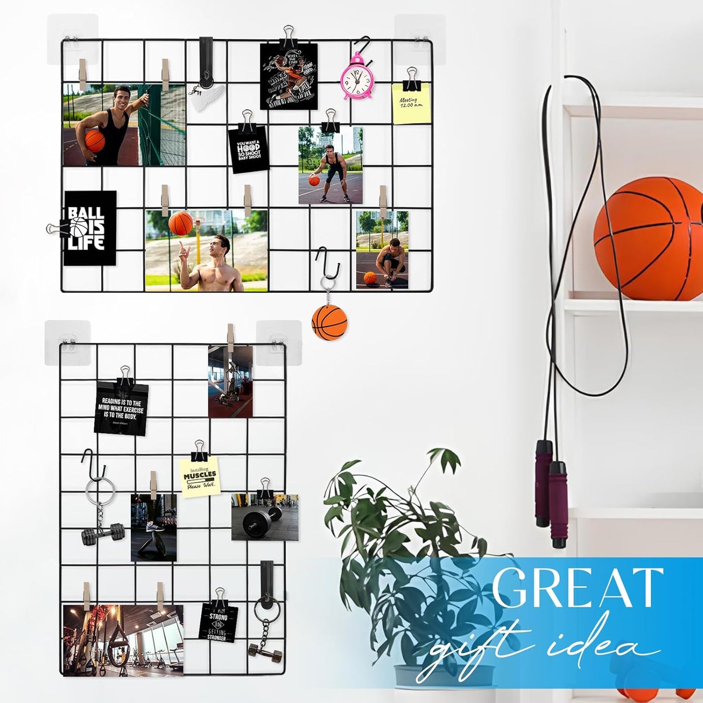 CIKLCIX Metal Grid Wall Panel, Wire Grid Photo Display Organizer, 17.3"×11.8" Gold Wire Board Grid Wall, Grid Picture Frame, 2-Pack Wire Mesh Memo Board With Clips and Hooks