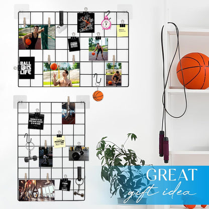 CIKLCIX Metal Grid Wall Panel, Wire Grid Photo Display Organizer, 17.3"×11.8" Gold Wire Board Grid Wall, Grid Picture Frame, 2-Pack Wire Mesh Memo Board With Clips and Hooks