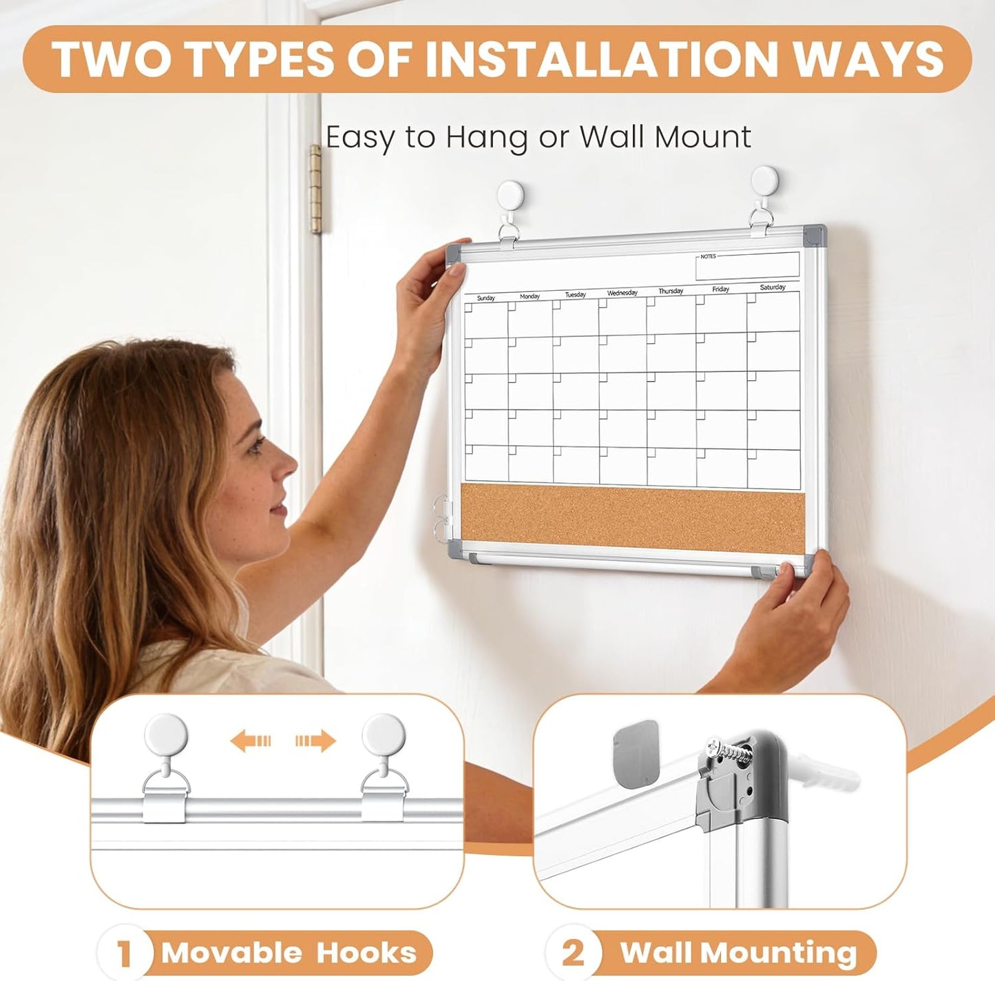 Weekly Dry Erase Calendar Whiteboard for Wall, 24" x 18" Double-Sided Weekly Planner White Board Cork Combo, Hanging & Wall Mount Week Bulletin Board with Notes for Home, Office, School, Kitchen