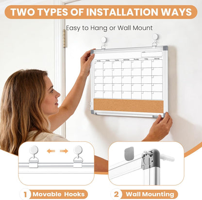 Weekly Dry Erase Calendar Whiteboard for Wall, 24" x 18" Double-Sided Weekly Planner White Board Cork Combo, Hanging & Wall Mount Week Bulletin Board with Notes for Home, Office, School, Kitchen