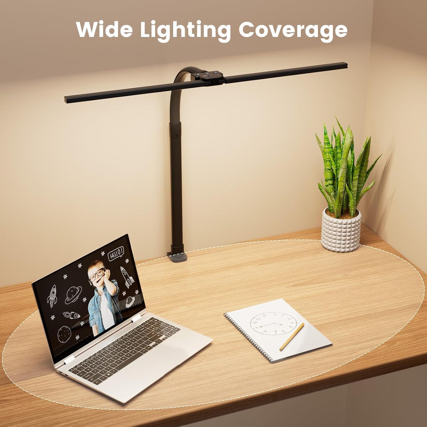 LED Desk Lamp with Base - Bright Dimmable Computer Lamp with Phone Holder, 24W Bendable Desk Light for Monitor Screen, Eye-Caring Tall Desktop Light for Task Home Office Work, Black, Dual Head