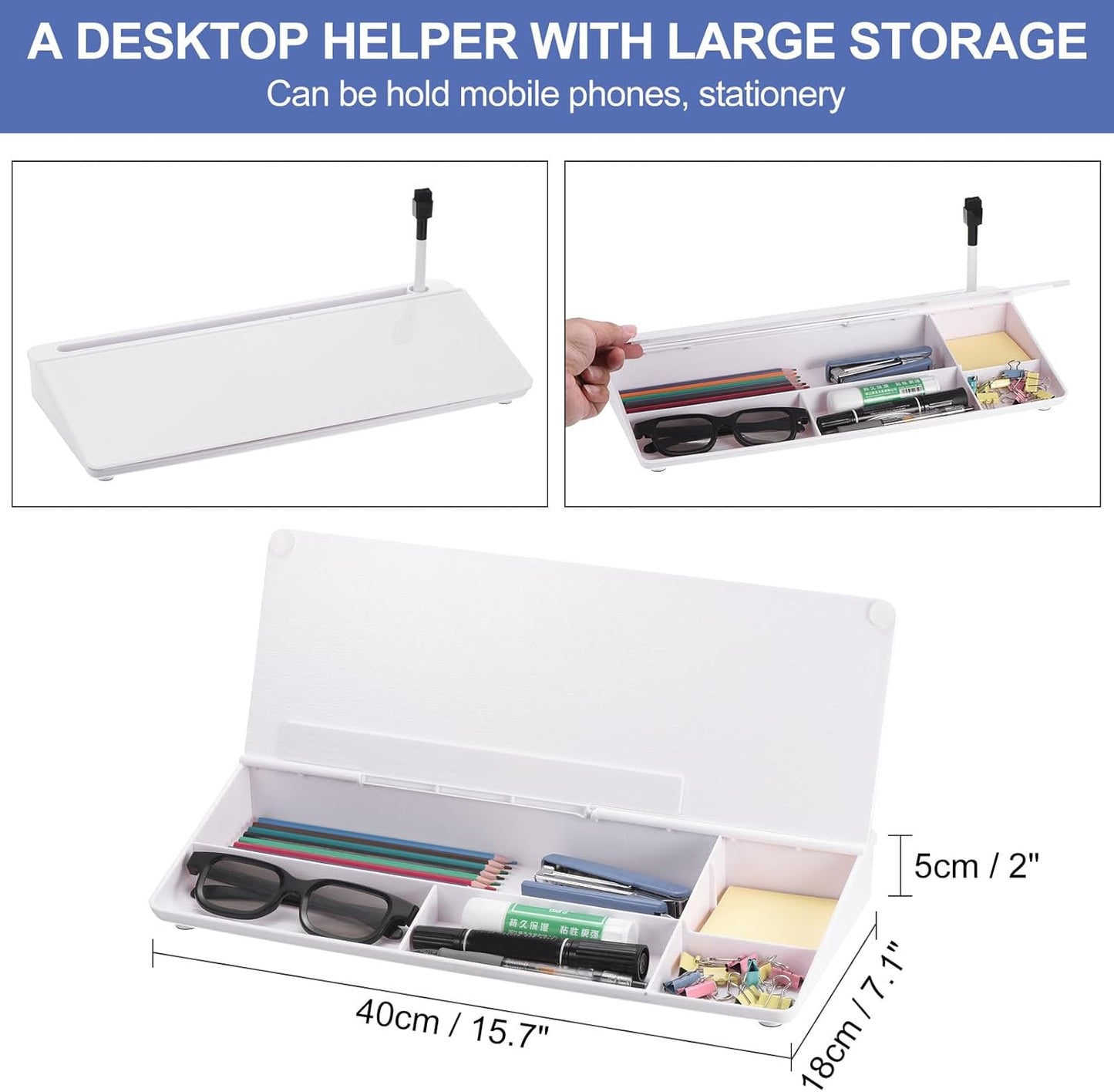 PATIKIL Dry Erase Desktop Glass Whiteboard, Quick Notes Pad, Write Quick Sticky Notes for Desk Computer Keyboard Stand with Storage Caddy for Working Home Office, Studying, White