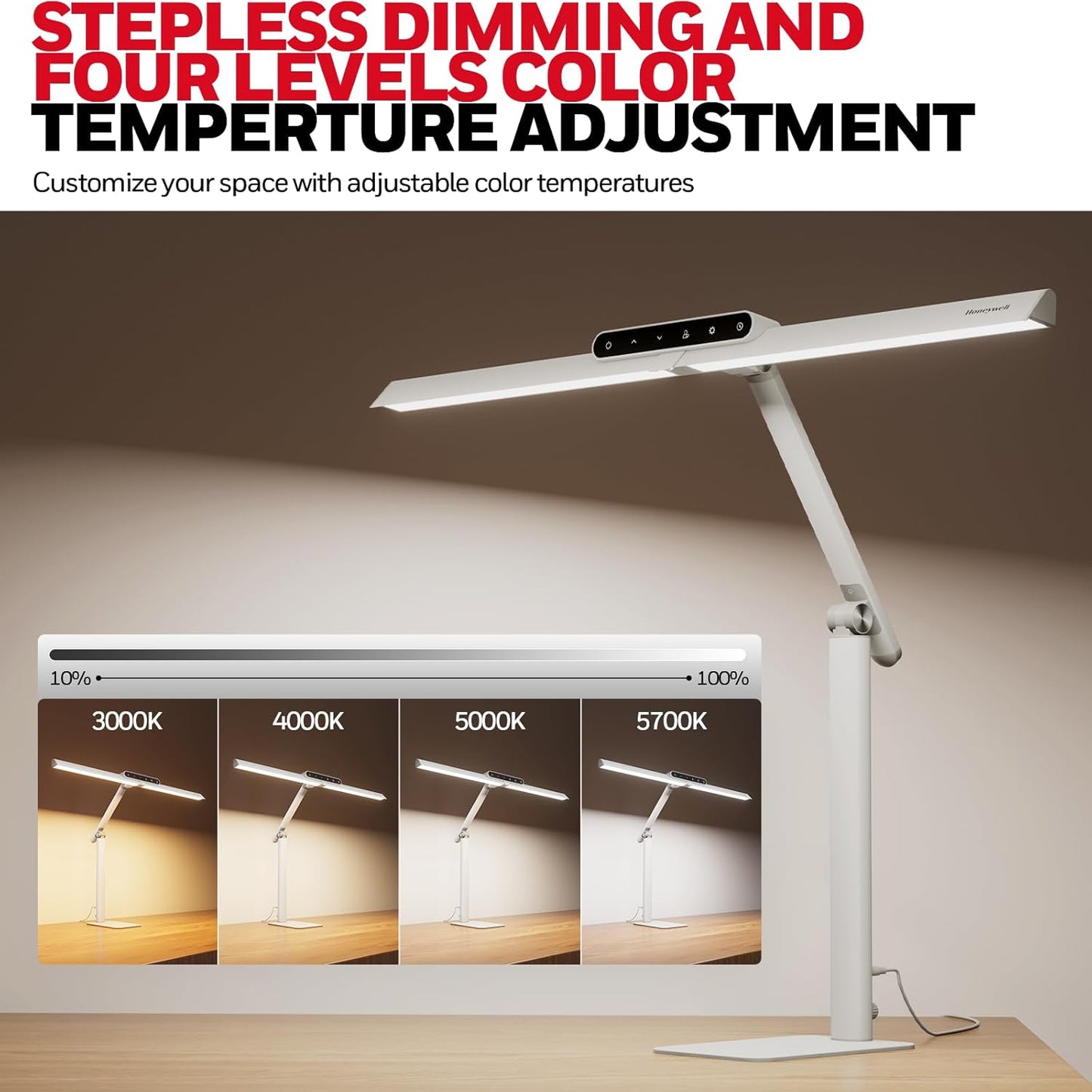 Honeywell LED Desk Lamp with Clamp - HJ1 Sunturalux Eye-Caring Clip on Lights for Home Office, 1200LM Clamp Lamp 4 Color Modes Stepless Dimming Task Desk Light for Working Black
