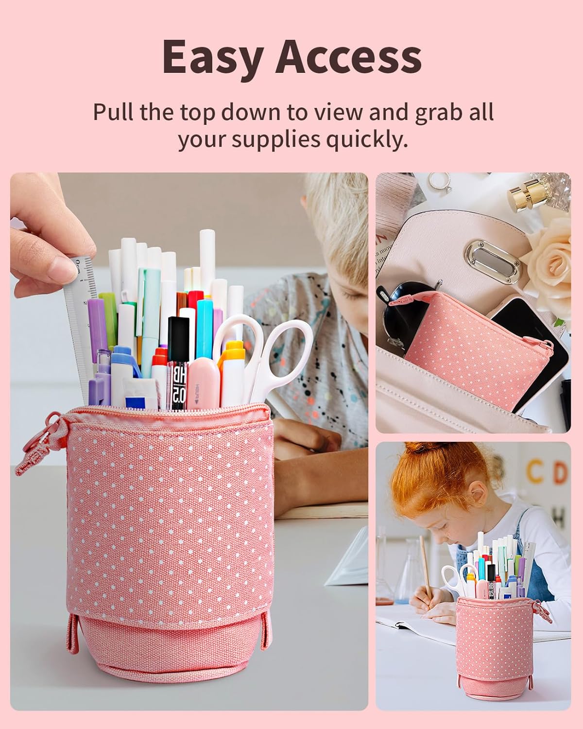 Sooez Standing Pencil Case, Cute Stand up Pencil Pouch, Telescopic Pen Pouch, Portable Pencil Holder, Kawaii Stand up Pencil Case, Spacious Pencil Pouch Bag for School Office Supplies, Black