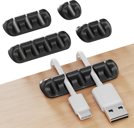 GLUIT Cord Organizer for Desk, Cable Holder for Nightstand, Charger Organizer, Adhesive Desktop Wire Clips, Multislot Cable Management, Table Organizer Accessories - 5 Pack, 15 Slots, White