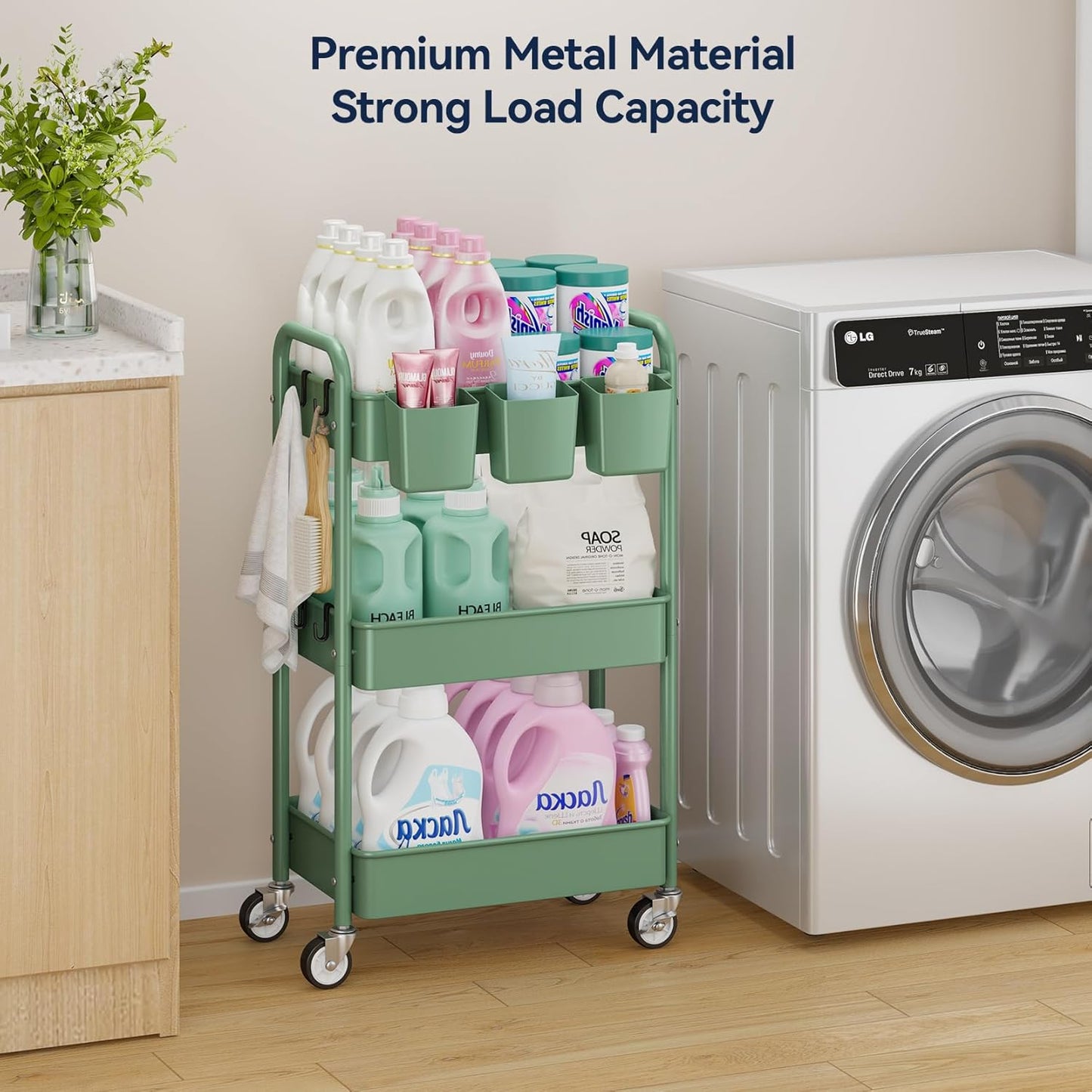 YASONIC 3 Tier Rolling Cart - Metal Utility Cart with Wheels, Hanging Cups, Hooks, Heavy Duty Mesh Rolling Storage Cart Organizer, Craft Cart for Kitchen Office, Lightweight and Sturdy