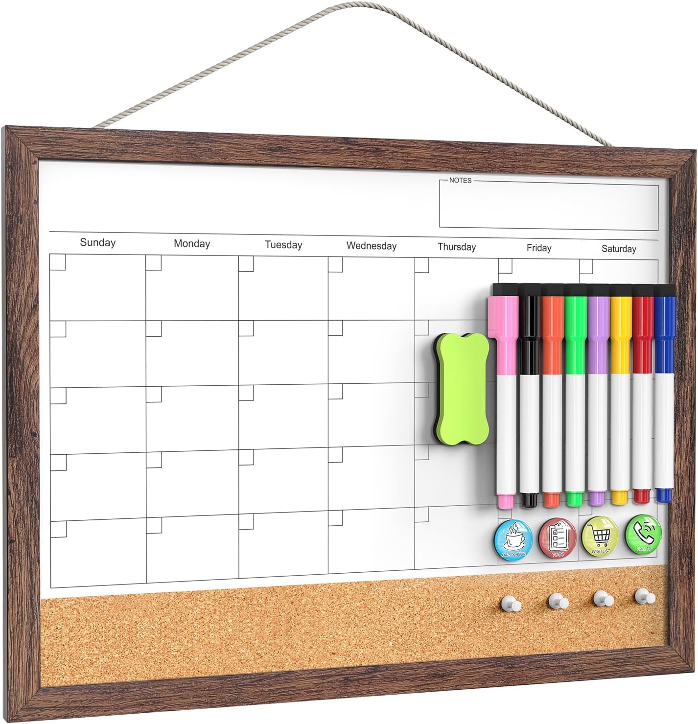 Calendar Whiteboard for Wall, TANKEE 17x13 Inches Whiteboard Calendar Cork Board Combo, Small Magnetic White Board with Wood Framed, Hanging Dry Erase Board for Kitchen Home Office School Planner