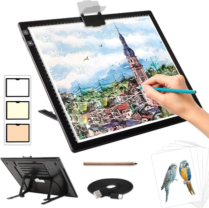 Rechargeable A4 Light Box with Padded Case,led Light pad with Built-in Stand & Clip,6 Levels of Brightness lightbox for tracing,Diamond Painting.Light Table for Artists,Drawing,Sketching,Animation