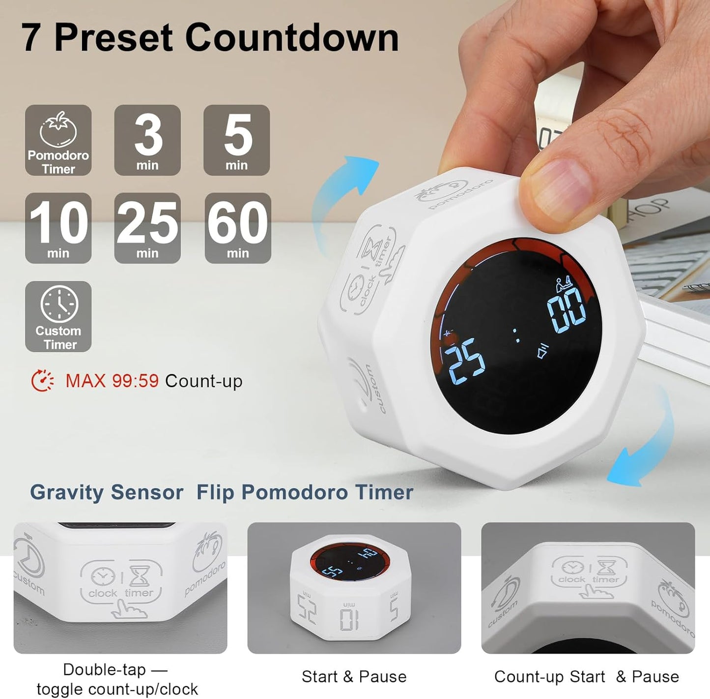 Small Productivity Timer - Pomodoro Timer with 3/5/10/25/60 Min Presets & Custom Countdown | Magnetic Rechargeable Digital Clock for Desk, Study and Games (White)