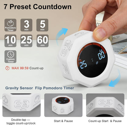 Small Productivity Timer - Pomodoro Timer with 3/5/10/25/60 Min Presets & Custom Countdown | Magnetic Rechargeable Digital Clock for Desk, Study and Games (White)