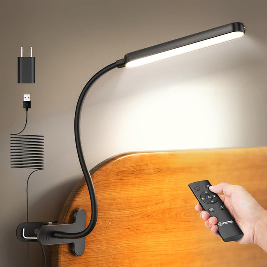 Glocusent 38 LED Clip On Light: 5W Eye Caring Book Lights for Reading at Night - 5 Color & 5 Brightness with a Remote, 30-Min Auto Off Timer, Multi-Purpose Clip Lamp for Bed Reading/Studying/Working