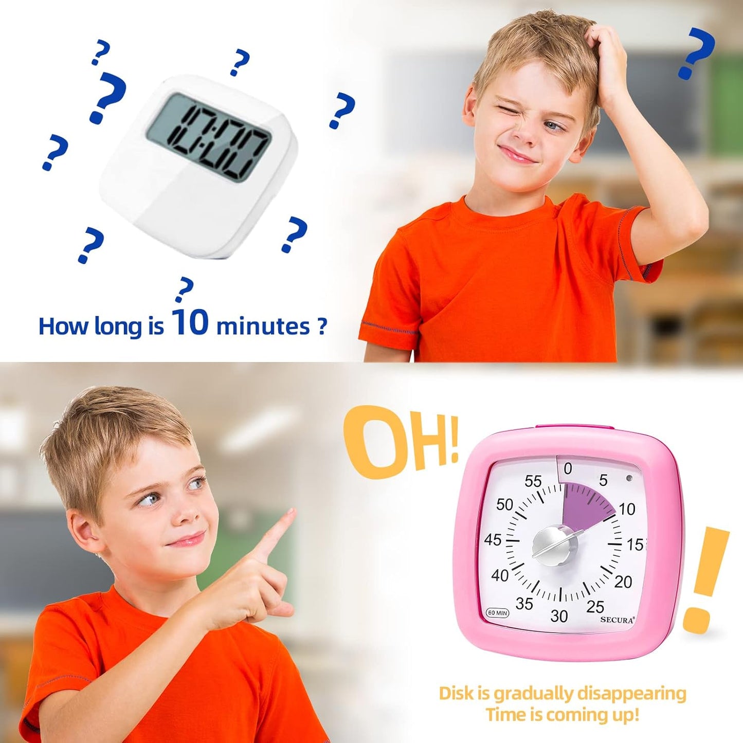 Secura 60-Minute Visual Timer, Silent Study Timer for Kids and Adults, Time Clocks, Time Management Countdown Timer for Teaching (Black & Cloud)