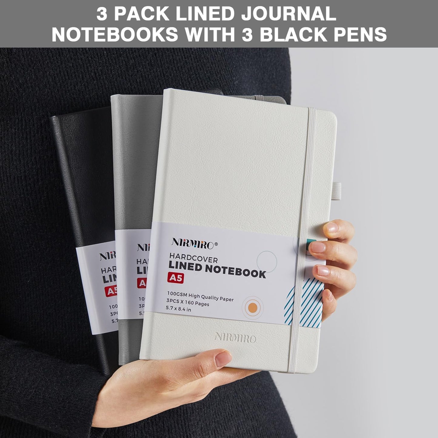 NIRMIRO 3 Pack Pocket Notebook Journals, Small Notepad Notebooks for Note Taking, A6 Mini Note pads with Pen Holder, 408 Lined Pages, 3.7" x 5.7", Black, Brown, Blue