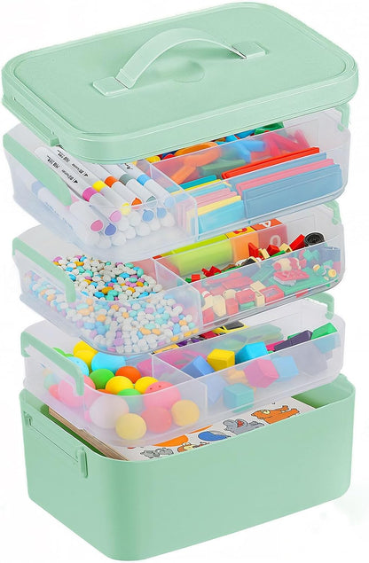 3-Layer Plastic Craft Organizers and Storage Box with Removable Trays, Storage Containers with lids and Handle, Art Supply Storage Organizer for Bead, Ornament, Nail Polish, Tape（10.62"x9"x7.67"）