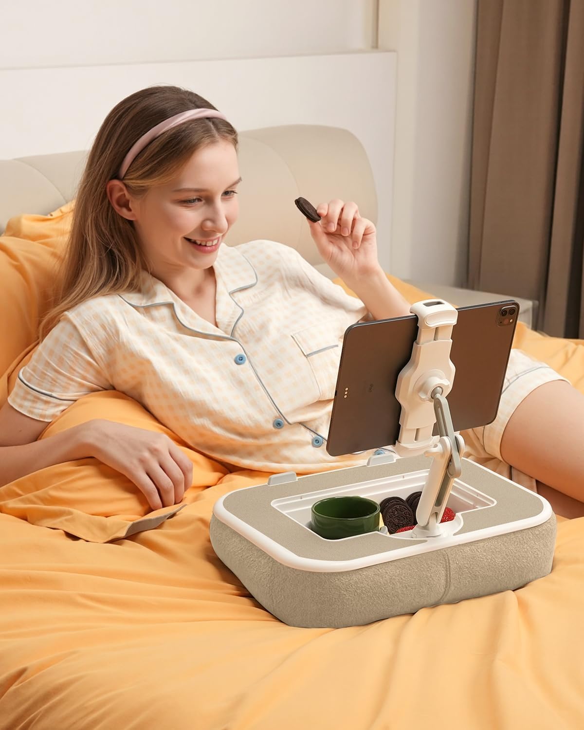 SupeDesk Laptop Lap Desk, Adjustable iPad Holder for Bed, 360° Swivel Tablet Arm, Laptop Desk with Mouse Pad, Snack Bowl & Cup Holder, Fits 4.7–13” Tablets & 15” Laptop