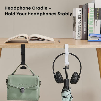 JAKO Headphone Stand for Desk, 3 Hooks Aluminum Alloy Headphone Holder (1 Foldable+2 Fixed) Space Saving Headset Stand Hook, Universal Fit PC Gaming Headsets Holder Desk Clamp for Office/Game Table