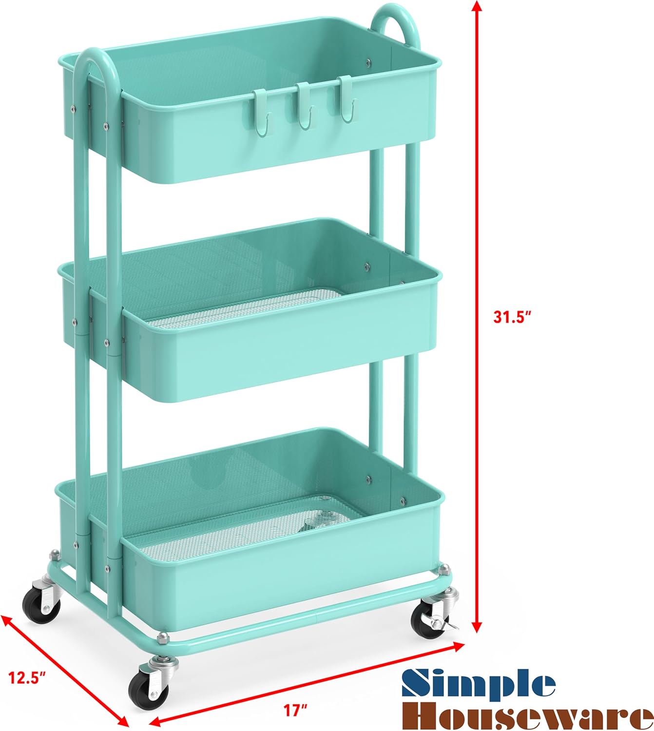 Simple Houseware 3-Tier Heavy Duty Metal Utility Rolling Cart, White