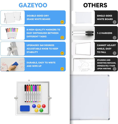 Dry Erase White Board, Cazeyoo Magnetic Desktop Whiteboard 16 x 12inch with Stand, 10 Markers, 4 Magnets and 1 Eraser, Portable Double-Sided White Board for Kids Drawing, Office, Home, School