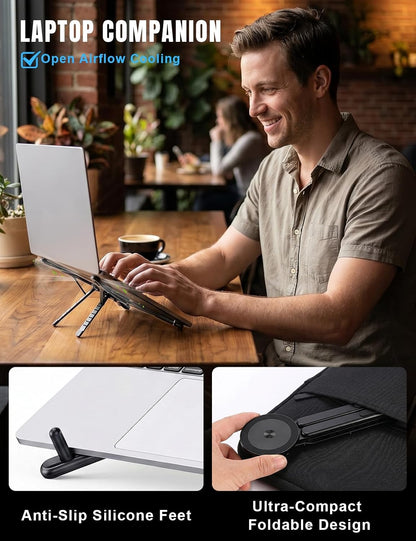 4-in-1 Foldable Laptop Stand & Magnetic Phone Holder, Silver Aerospace Aluminum Portable Desk Mount with N52 MagSafe Compatible Tripod Handle for MacBook Pro, iPad, Travel & Vlogging