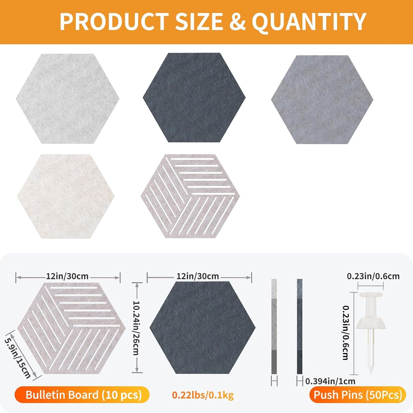 FOCHIER F 10PCS Hexagon Cork Boards for Walls Decor,12"*10.2" Felt Bulletin Board Tiles Sets for Home Office Class Kitchen with 50 Push Pins,Self Adhesive DIY Pin Board for Photos Memos