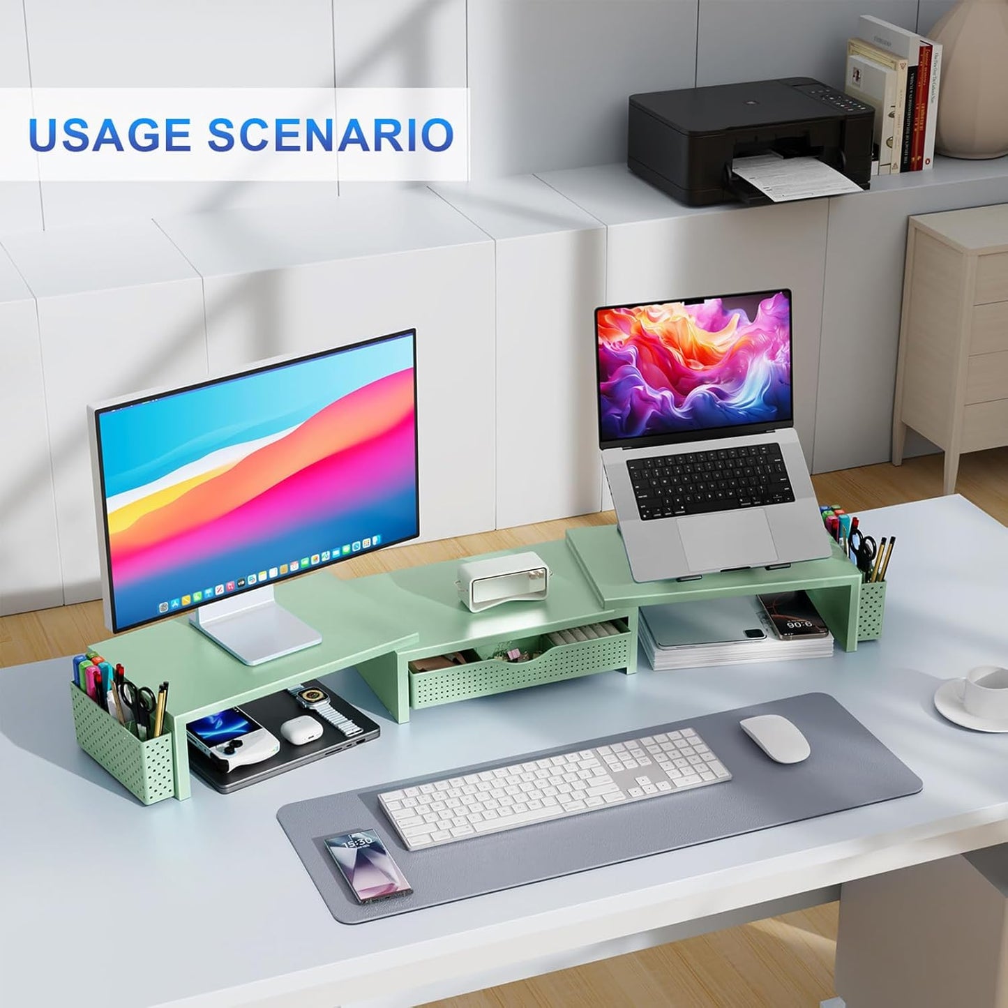 gianotter Dual Monitor Stand Riser, Desk Organizer With Drawer and 2 Pen Holders,Computer Monitor Stand, Desk Shelf for Top of Desk, Wood
