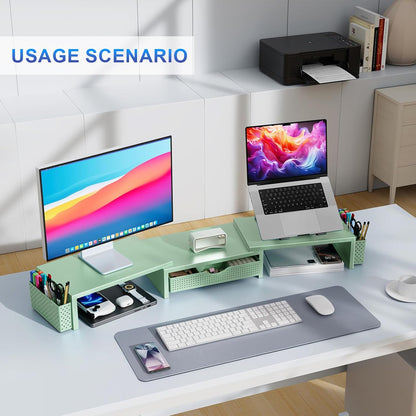 gianotter Dual Monitor Stand Riser, Desk Organizer With Drawer and 2 Pen Holders,Computer Monitor Stand, Desk Shelf for Top of Desk, Wood