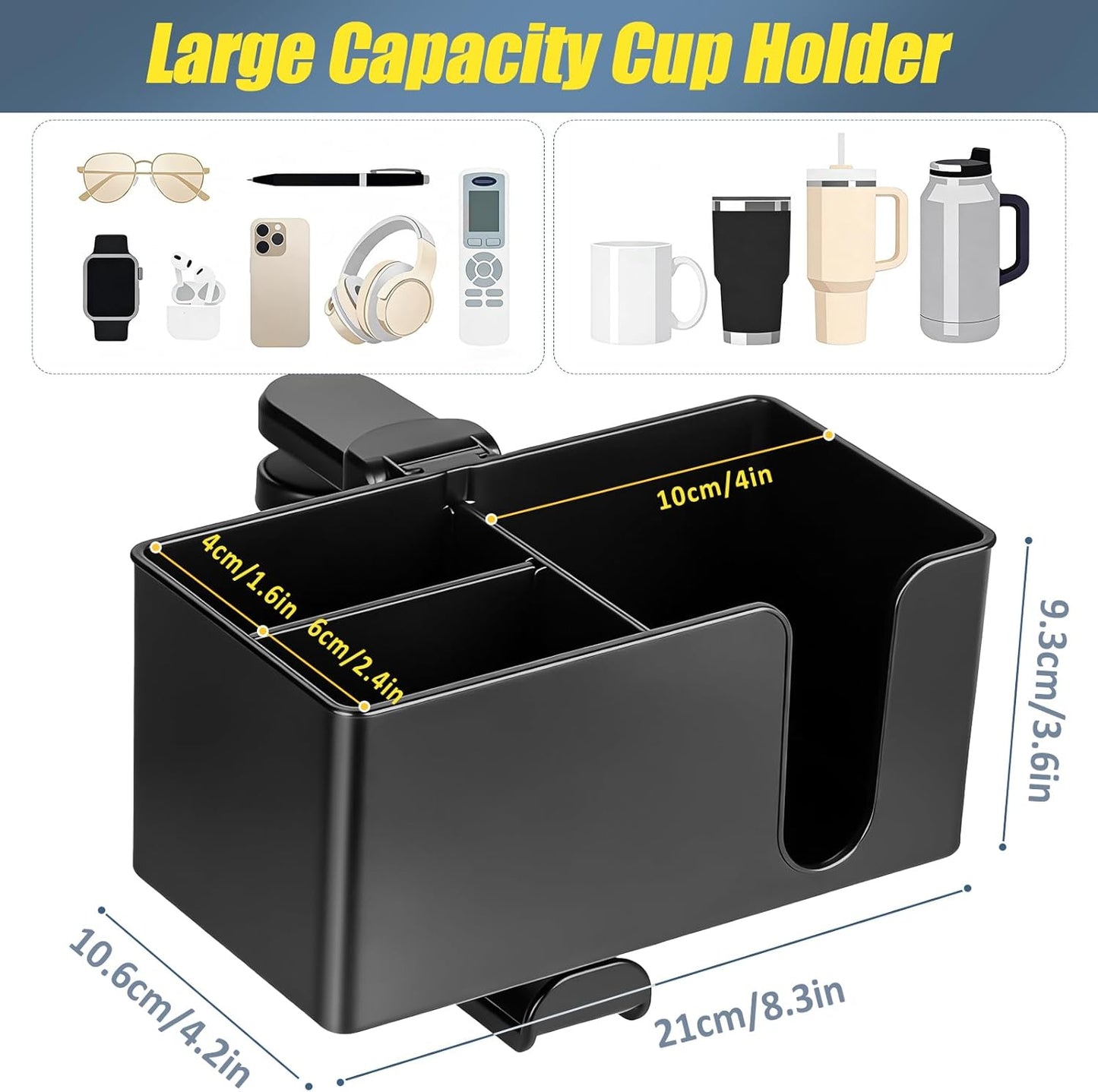 MYITYARD Desk Cup Holder Clamp, Anti-Spill Clip On Table Cup Holder, Rotatable Water Bottle Stand Drink Coffee Mug Storage, Office Accessories for Home and School (Black)
