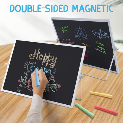 Small Magnetic Chalk Board Easel 10"X10", Double-Sided Tabletop & Wall Hanging Chalkboard with 4 Chalks & Eraser, Desktop Mini Black Board Sign for Office Desk Home Menu and School