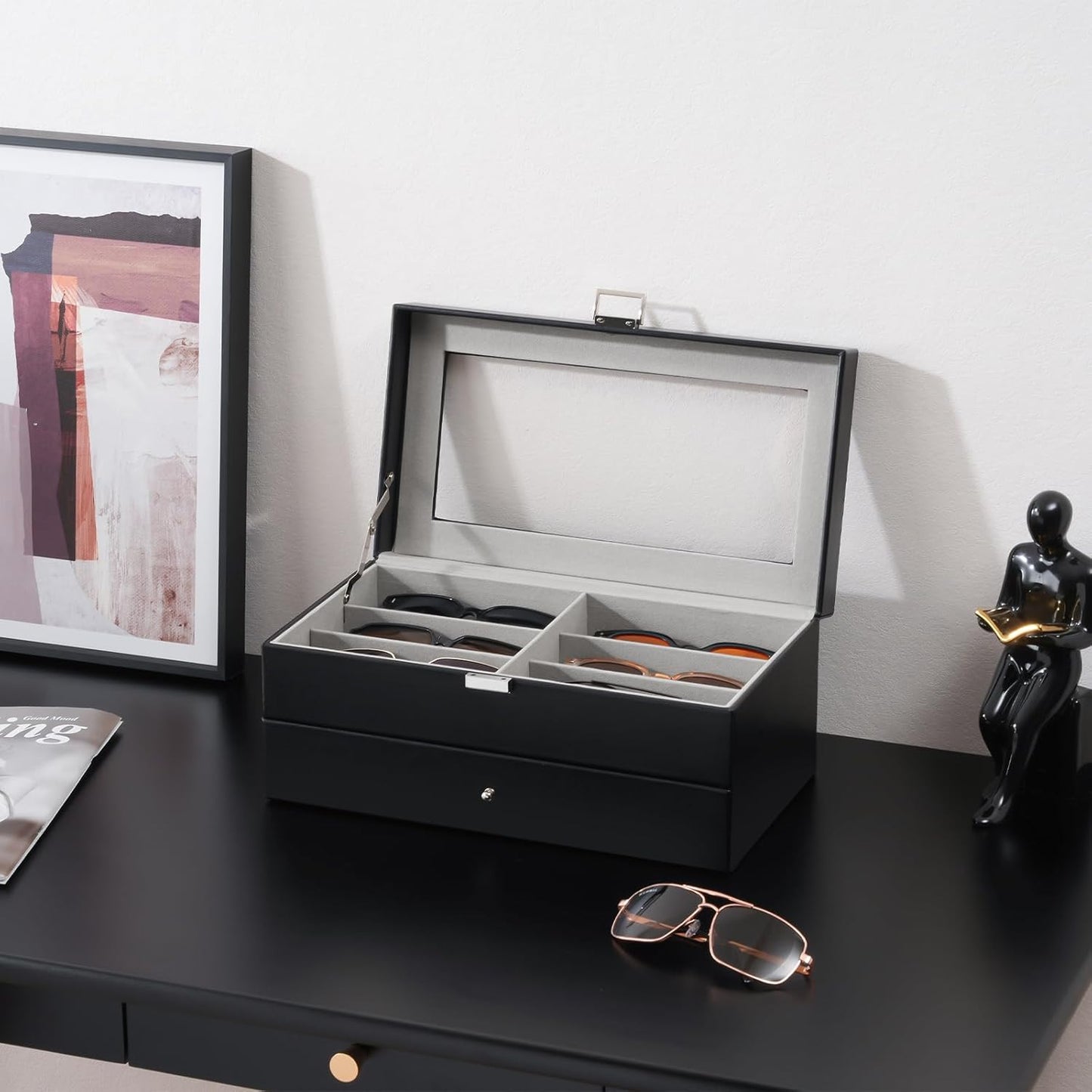 ProCase 3-layer Sunglasses Storage Organizer, 18 Slots Leather Sunglass Box Multiple Pairs Eyeglass Cases Eye Glass Eyewear Display Holder for Men Women, Valentine's Day Gift -Black
