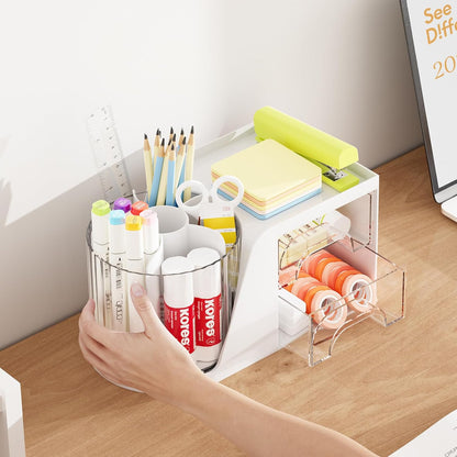 Marbrasse Desk Organizer with 2 Drawer, 360°Rotating Pen Holder, Desk Organizers and Accessories with 6 Slots Pencil Holder + 2 Drawer, Art Supply Storage Box Caddy for Office (Black)