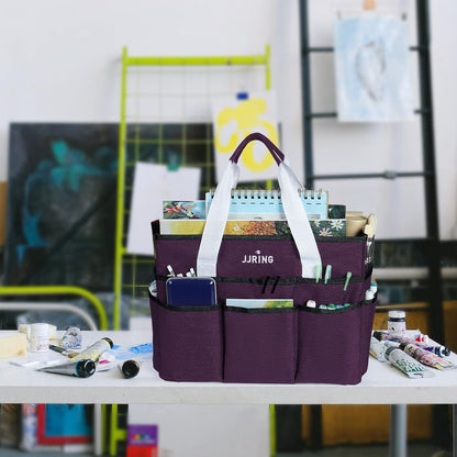 JJRING Craft Organizer Tote Bag for Art Storage, Caddy with Multiple Pockets, Bluish Green Sewing Bag for Scrapbooking, School, Medical, and Office Supplies