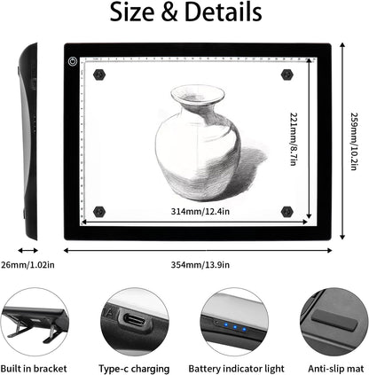 VALUCKY Rechargeable A4 Tracing Drawing Board,Copy Light Pad with Adjustable Foldable Stand,3 Level Brightness LED Tracing Light Box for Artist,Drawing,Sketching,Diamond Painting