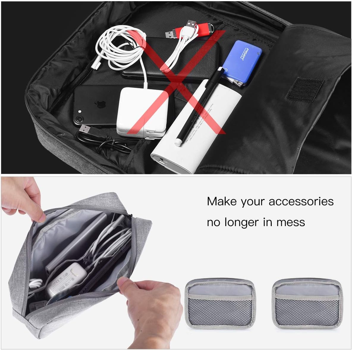 imComor Universal Electronics Accessories Case, 2-Pack Portable Soft Carrying Case Bag Wire Cable Organizer for Hard Drive, Power Adapter, Laptop Mouse, Cosmetics Kit, Small+Big-Black
