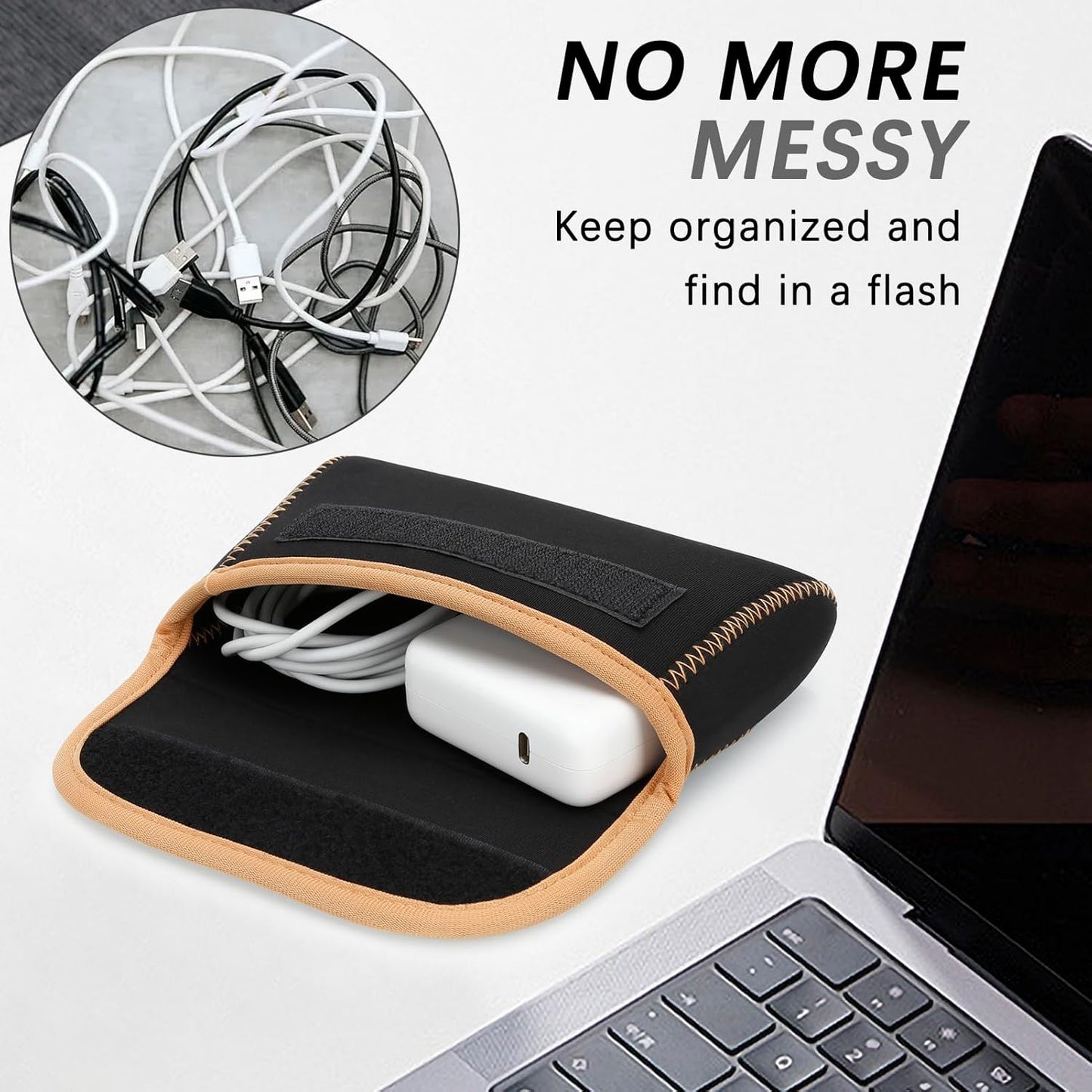 Small Neoprene Tech Pouch, Travel Cable Organiser Bag, Electronics Accessories Carry Storage Bags for MacBook Power Adapter, Power Bank, Wireless Mouse, Phone Charger, or Small Devices, Brown