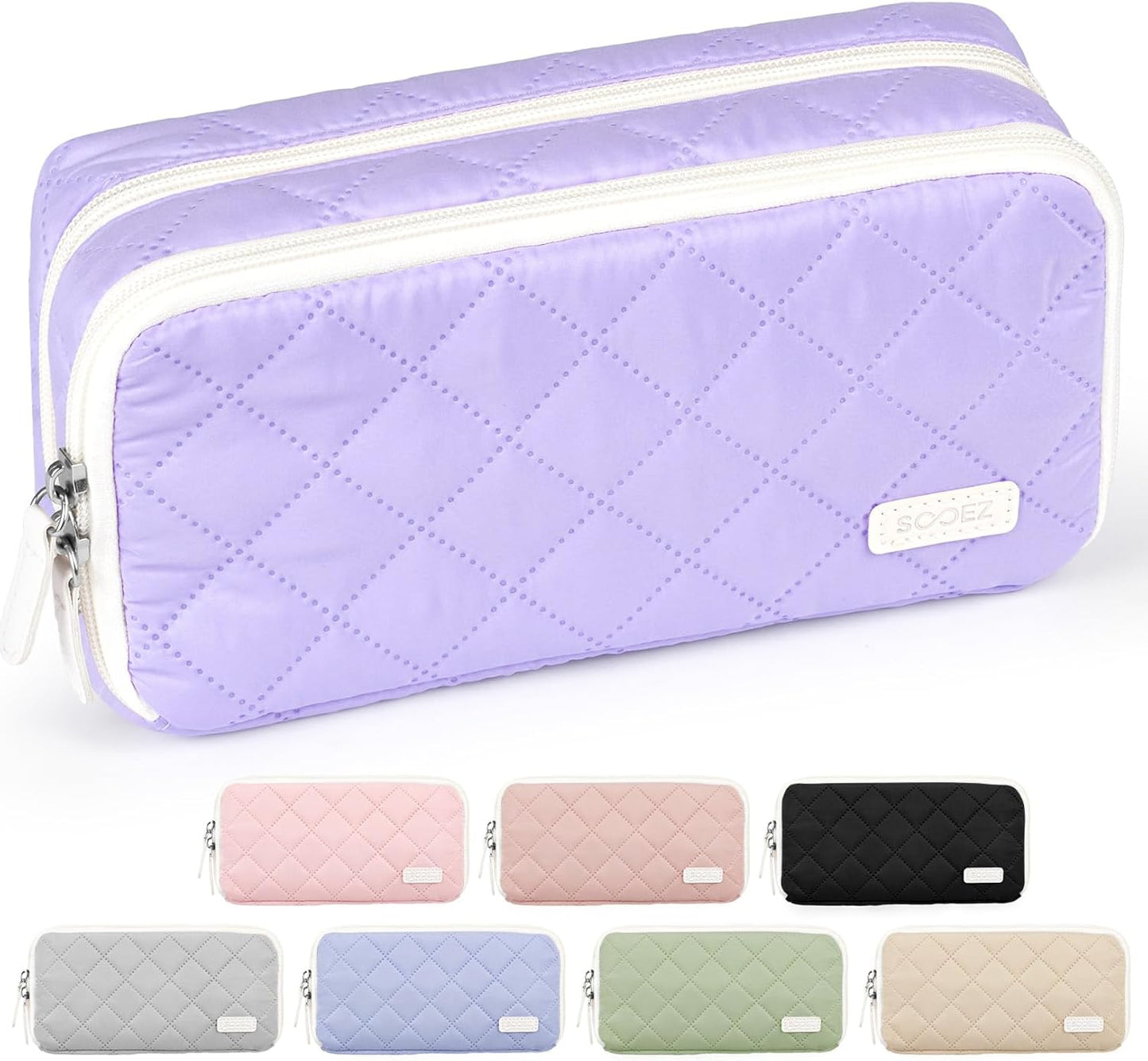 Sooez Large Pencil Case Pouch, Extra Big Pencil Bag with 8 Compartments, Pen Bag Wide Opening, Soft Quilted Pencil Pouch Organizer with Zipper, Portable Pencil Case for Teen Girls, Pink