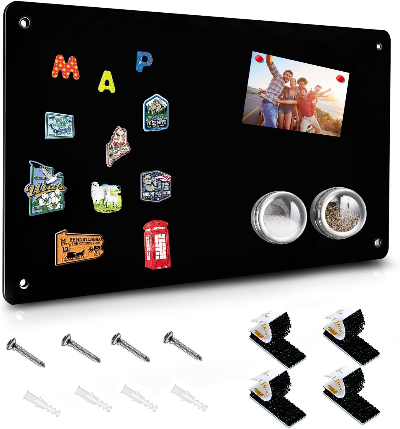 2Pack Black Magnetic Board,17.5" x 11.4" Magnet Bulletin Board to Display Magnetic Notes, Poetry, Photos, Suitable for Wall, Refrigerator, Cabinet etc, Come with 8 Pcs Dual Lock Tape and Screws